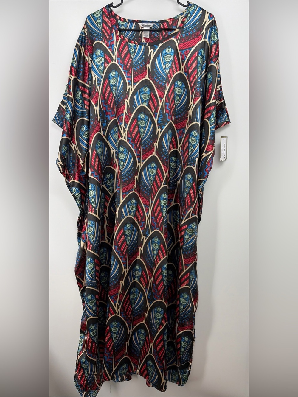 NWT Winlar Beautiful PEACOCK Feather Caftan Resort Dress One-Size Satin